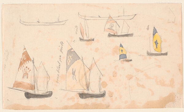 P.C. Skovgaard, Skitsebogsblad med studier af venetianske sejlbåde.