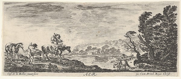 Stefano della Bella, Air, a landscape during a hurricane, three horsemen battling the wind, a mass of trees to the right, from "The Four Elements" (Les Quatre Eléments)