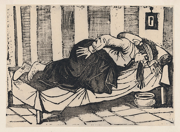 José Guadalupe Posada, A man leaning over the side of a bed vomiting, from a broadside entitled 'Death of  Aurelio Caballero due to yellow fever in Veracruz'