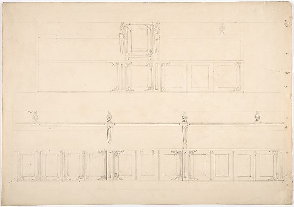 Anonymous, British, 19th century, Paneling and Benches (Verso: sketch of a Desk)