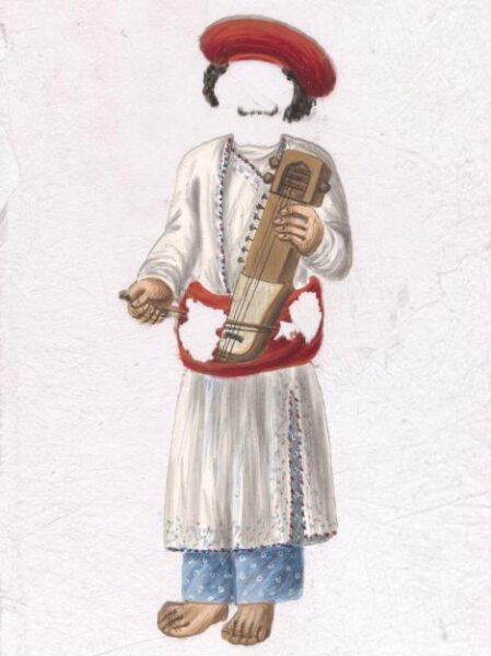 Unknown, A Box covered and lined with brocade containing a card painted with a face, and with a verandah covered with a striped rug; also twelve mica overlays depicting dancers and musicians.