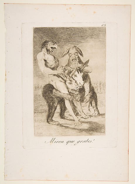 Goya (Francisco de Goya y Lucientes), Plate 63 from "Los Caprichos": Look how solemn they are! (Miren que grabes!)