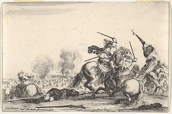 Stefano della Bella, A skirmish, two horsemen battling with swords to the right, men carrying a flag running away towards the right, a dead man on the ground and a horseman seen from behind to the left, from "Varie Figure"
