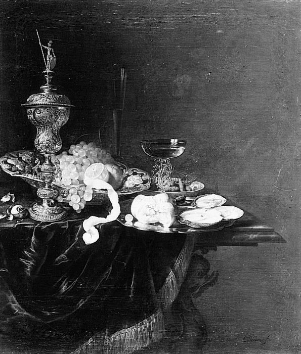 Pieter Nason, Still life with Akelei covered beaker dish of grapes, lemon and wine glasses