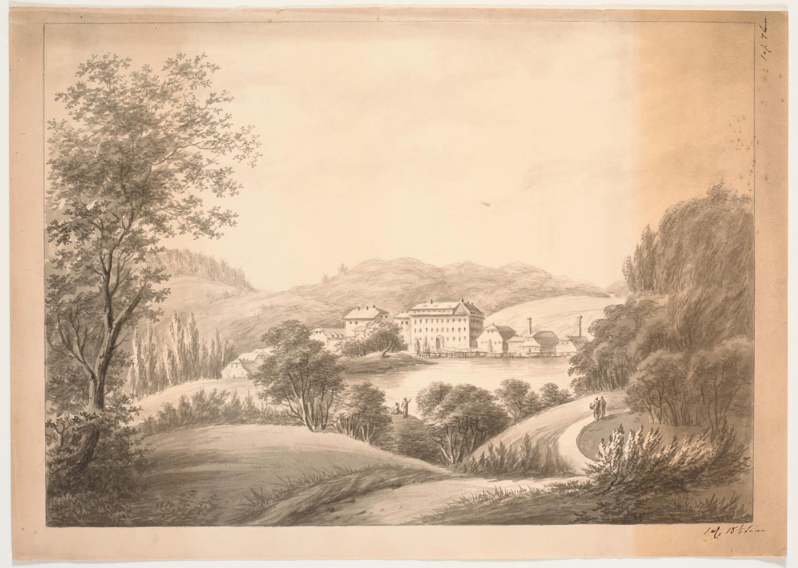 J.P. Møller, Flere tætliggende bygninger, bl.a. en hovedbygning og mindre huse med skorstene, ved vandløb eller sø, omgivet af træer og bakker