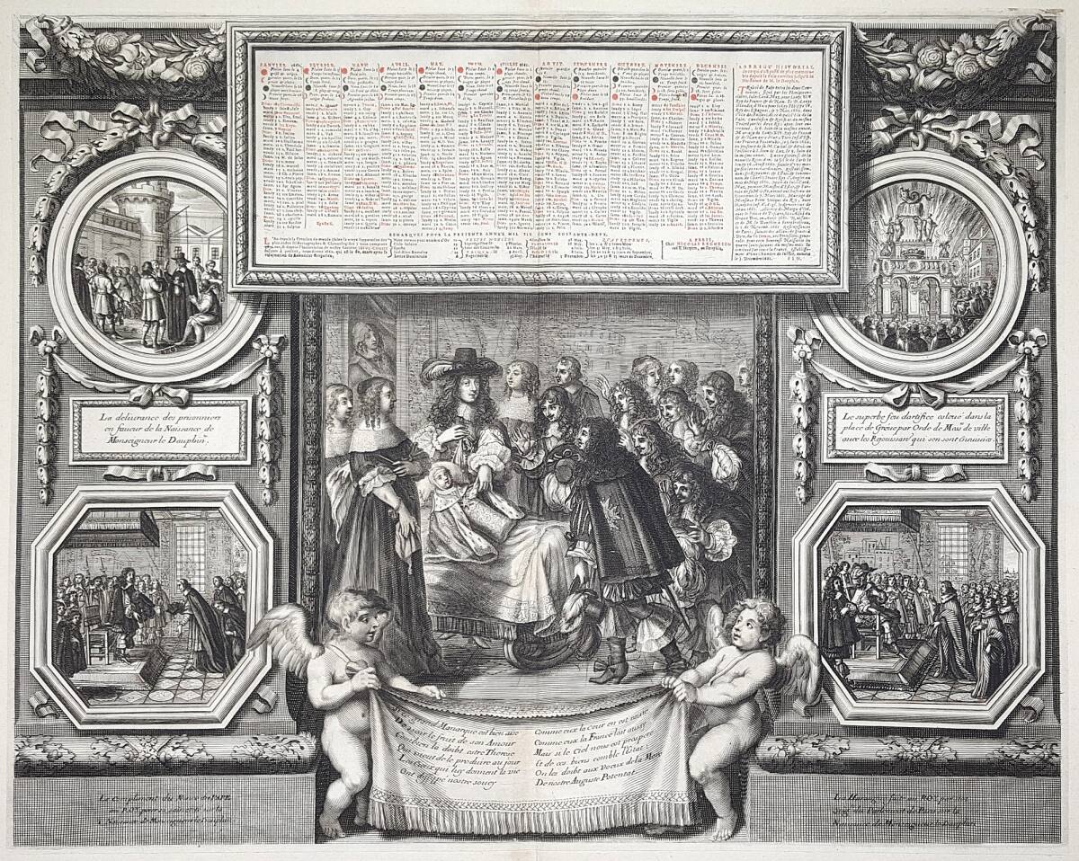Anonym, König Ludwig XIV. von Frankreich präsentiert den am 1. November 1661 auf Schloß Fontainbleau geborenen Dauphin Ludwig ("Le Grand Dauphin") dem Hofstaat