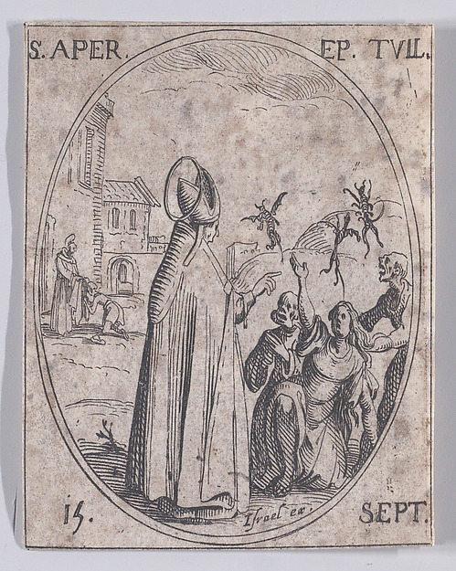Jacques Callot, S. Apre, évêque de Toul (St. Aper (Aprus), Bishop of Toul), September 15th, from "Les Images De Tous Les Saincts et Saintes de L'Année" (Images of All of the Saints and Religious Events of the Year)