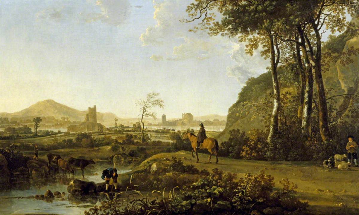Aelbert Cuyp, Rider and Herdsman in an Imaginary Landscape with a Ruined Castle and Distant Town