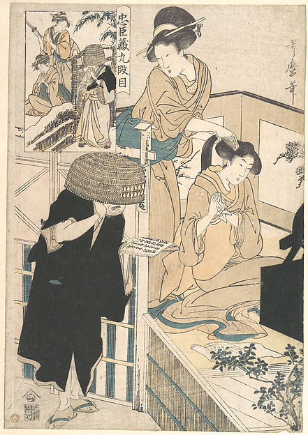 Kitagawa Utamaro, A Woman at Her Toilet Seated before a Mirror, Having Her Hair combed by a Kameyui (Woman Hairdresser)