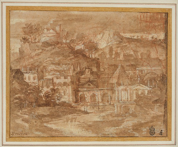 Sébastien Bourdon, A Classical Landscape with Buildings by a River