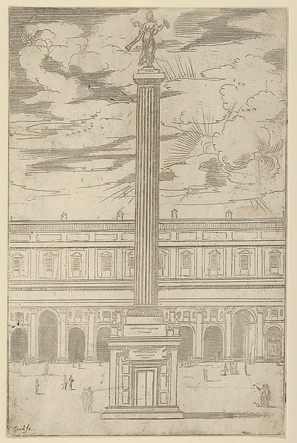 Guido Reni, Triumphal column with female figure of Fame holding a trumpet at the top, a temporary decoration for the entry of Pope Clement VIII in Bologna in 1598
