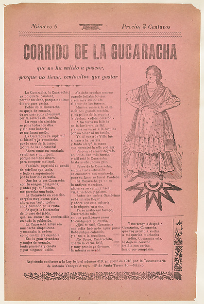 José Guadalupe Posada, Broadsheet relating to a ballad about camp life hardships for women, woman wearing a dress with her hands on her hips