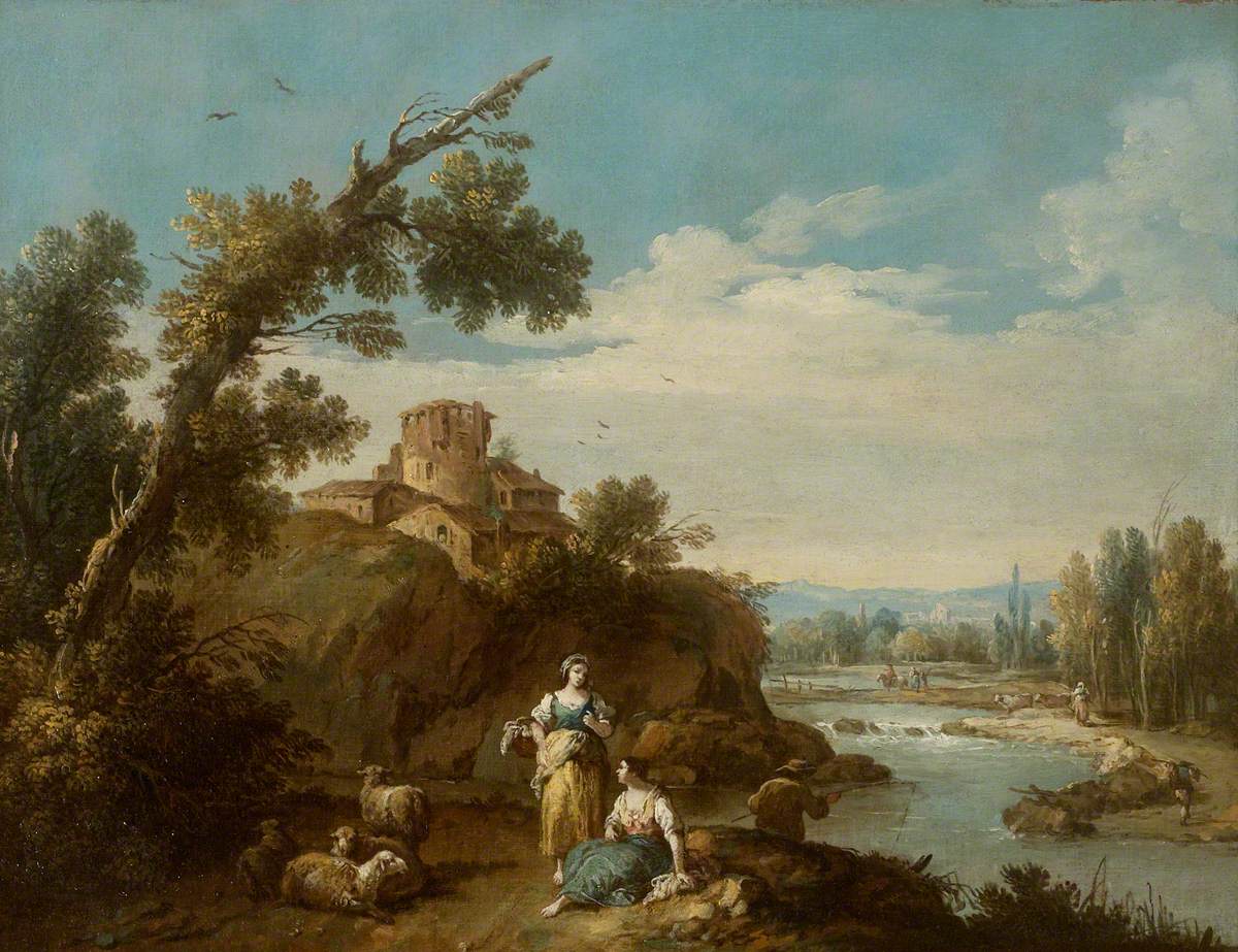 Giuseppe Zais, River Landscape with two Country Women and Four Sheep on a Winding Road, a Fisherman and Farm buildings round an Old Round Tower in the middle distance