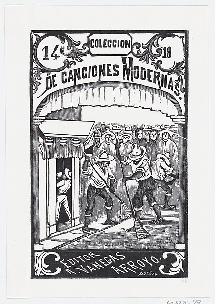 José Guadalupe Posada, Two men sweeping the street while a crowd of people in the background watch, illustration for 'Coleccion de Canciones Modernas Cuaderno No. 14,' edited by Antonio Vanegas Arroyo