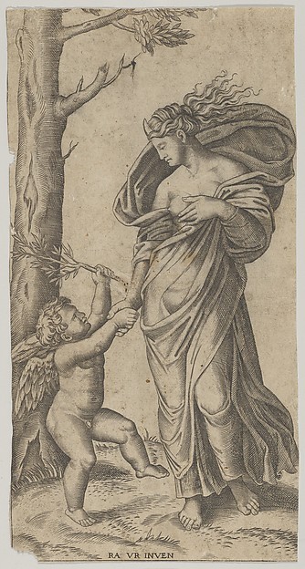 Anonymous, An allegory of Peace; Peace personified as a woman standing in a landscape holding the left hand of a winged genius