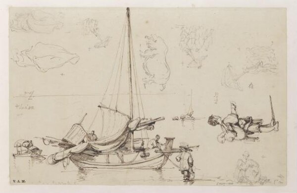 George Chinnery, A Chinese boat lowering its sail, with other sketches