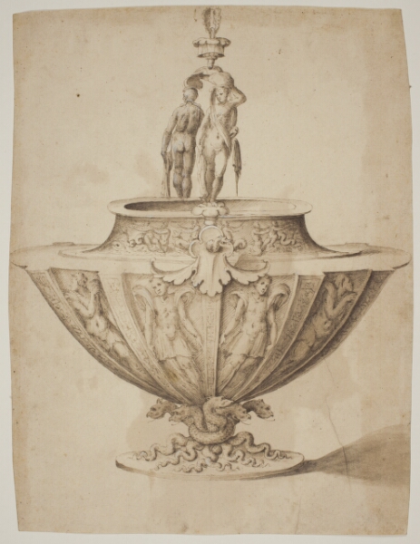 Giulio Romano, En prægtig skål med figurer og marinescener på en fod omkranset af slanger