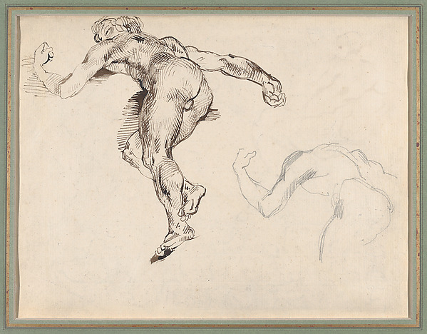 Eugène Delacroix, Two Studies of a Reclining Male Nude, after Gericault (recto); Figure Studies after Rubens's “Fall of the Damned” (verso)
