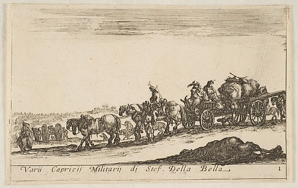 Stefano della Bella, Plate 1: a horse drawn cart carrying people and goods, dead horse in the foreground, from "Various Military Caprices" (Varii capricci militari)