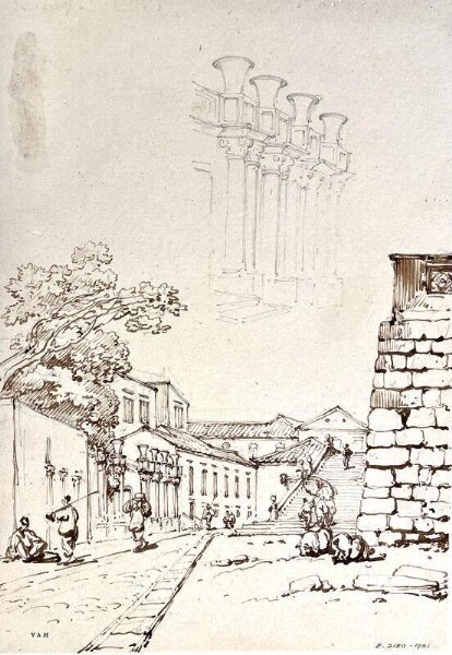 George Chinnery, The steps of the church of S. Lourenço, Macau, with a sketch of columns,