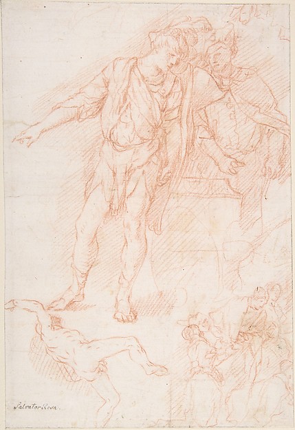 Giulio Carpioni, Figure Studies: Men Standing by a Large Vase, a Falling Nude Figure, and Other Figures
