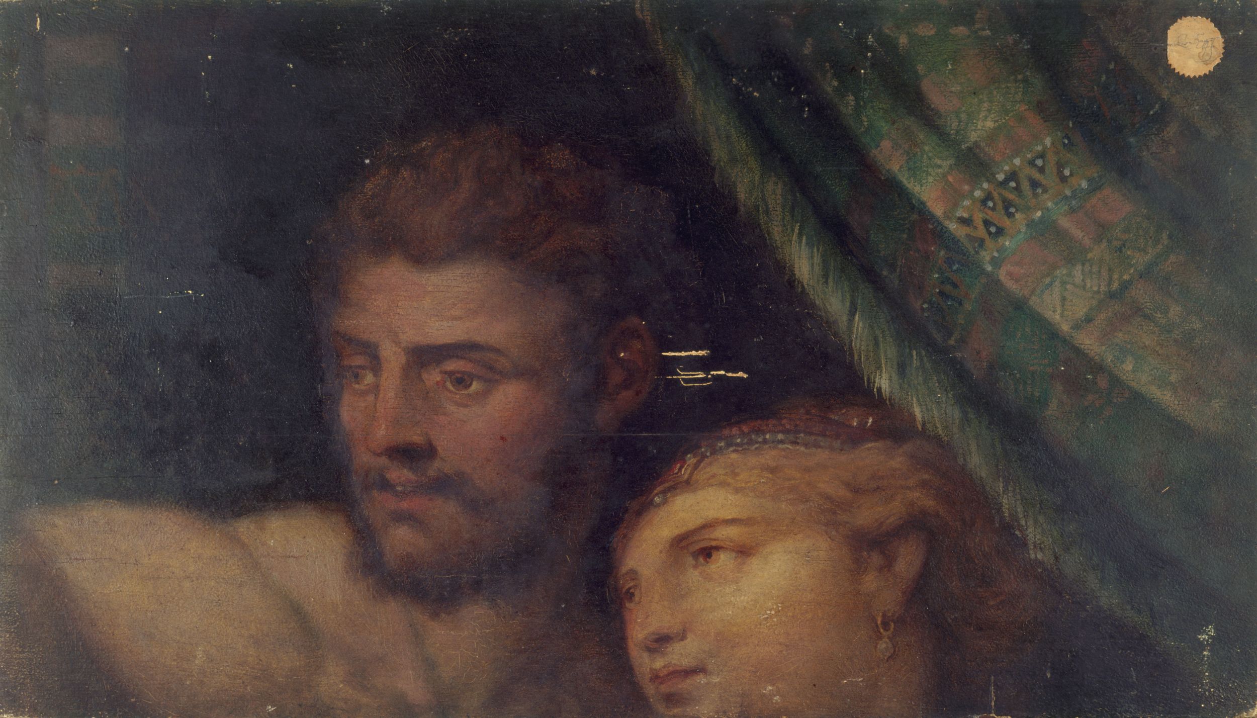 Anonyme, Têtes d'homme et de femme sous un drapé. Tableau anonyme d'après une peinture murale du château d'Ecouen (?).