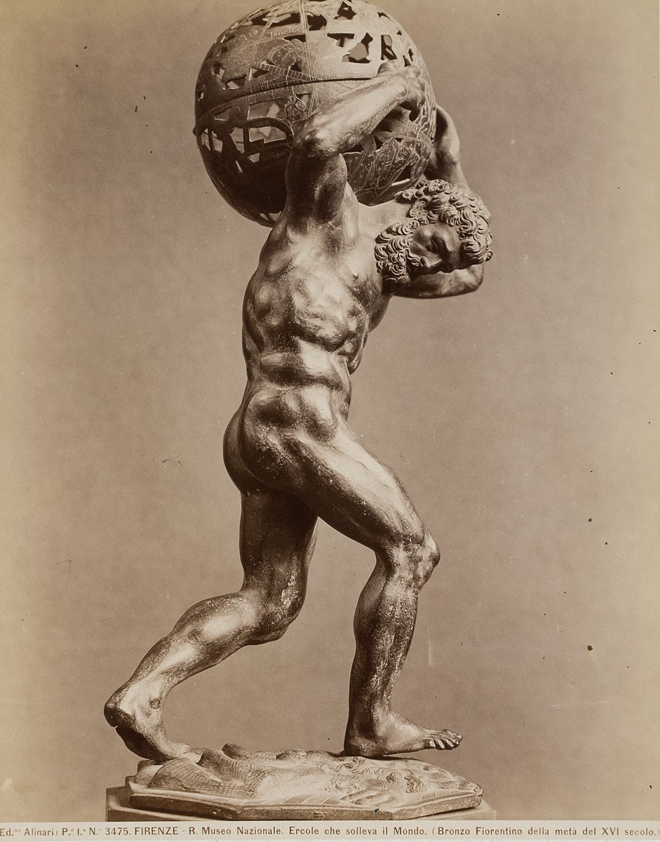 Fratelli Alinari, Herkules trägt die Welt, florentinische Bronze des 16. Jahrhunderts, Museo Nazionale del Bargello, Florenz