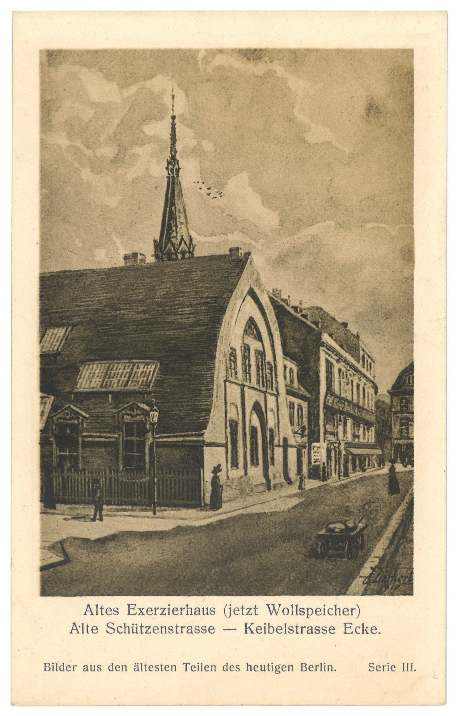 Johannes Zuckert, Berlin-Mitte: Altes Exerzierhaus (Wollspeicher), Alte Schützenstraße/Keibelstraße (Aquarell von Johannes Zuckert)