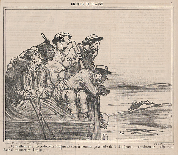 Honoré Daumier, Ce malheureux lièvre doit être fatigué de courir comme ça à coté de la diligence....., from Croquis de Chasse, published in Le Charivari, September 29, 1859