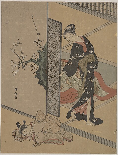 Suzuki Harunobu, Young Lady Looking through Door at Her Kamuro (Little Servant) who is Asleep on the Floor