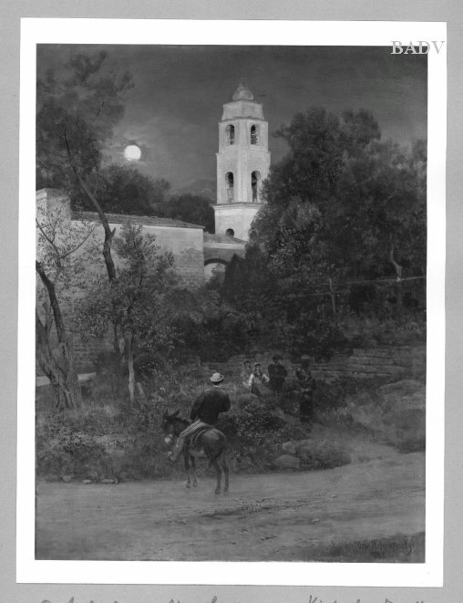 Oswald Achenbach, Italien church in the moonlight + figures