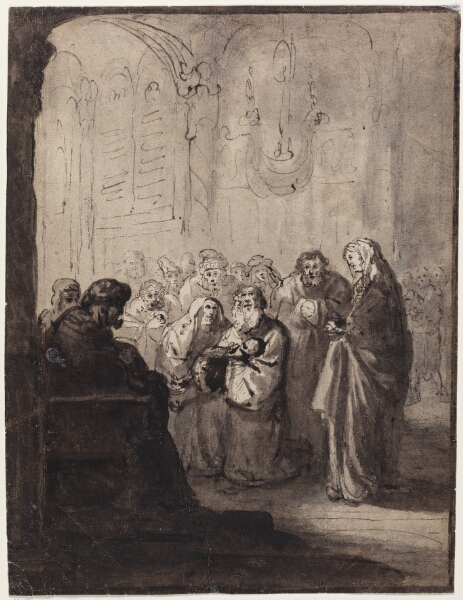 Abraham van Dijck, Kirkeinteriør med figurgruppe, forrest en ældre mand, knælende med et barn i armene foran en gejstlig