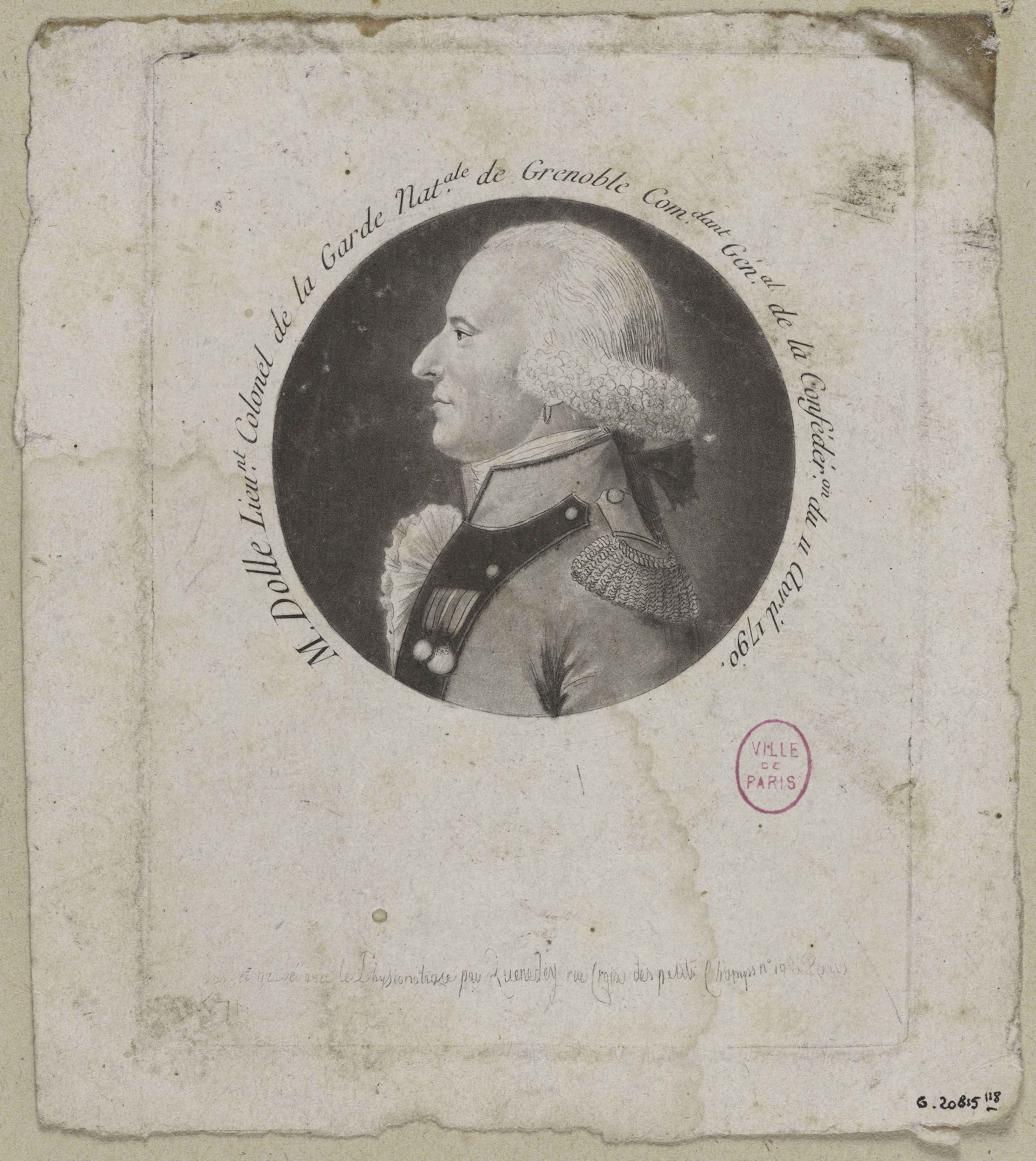 Edmé Quenedey, Portrait de Monsieur Dolle, Lieutenant Colonel de la Garde Nationale de Grenoble, Commandant Général de la Confédération du 11 avril 1790