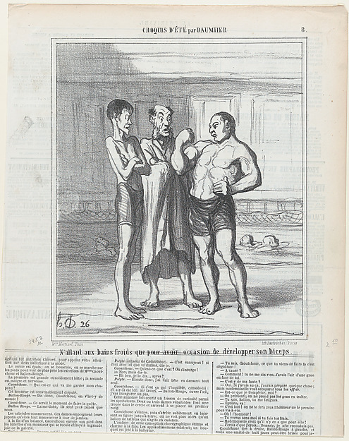 Honoré Daumier, Going to the swimming pool just for the development of one's muscles, from 'Summer sketches,' published in Le Charivari, August 10, 1865