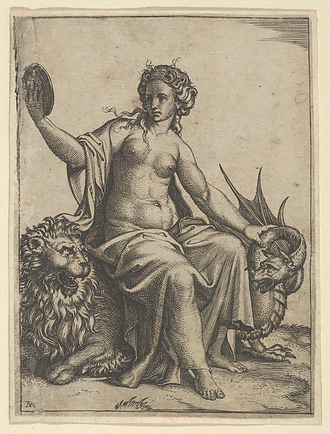 Marcantonio Raimondi, Prudence as a young woman, sitting on a lion and holding the neck of a dragon with her left hand, holding a mirror in her right hand