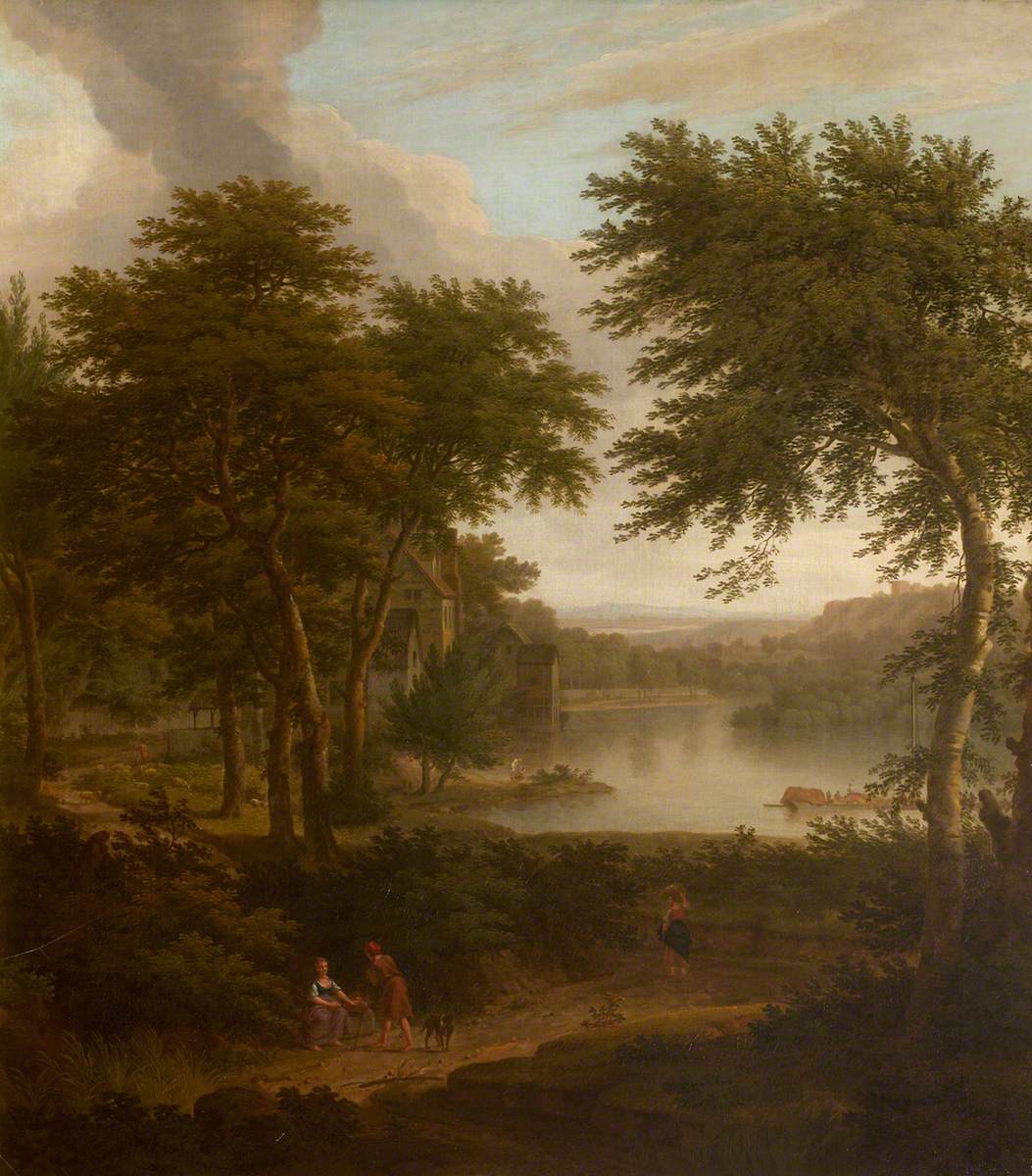 George Lambert, A River Landscape flanked by Trees