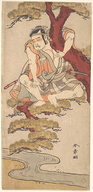 Katsukawa Shunshō　勝川春章, The Actor Otani Hiroemon III Watching from the Branches of a Pine Tree Overhanging a Stream