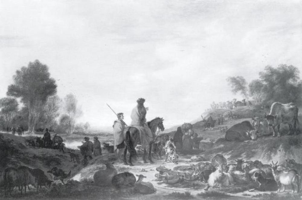 Cornelis Saftleven, Landscape with Figures, Cattle and Household Utensils