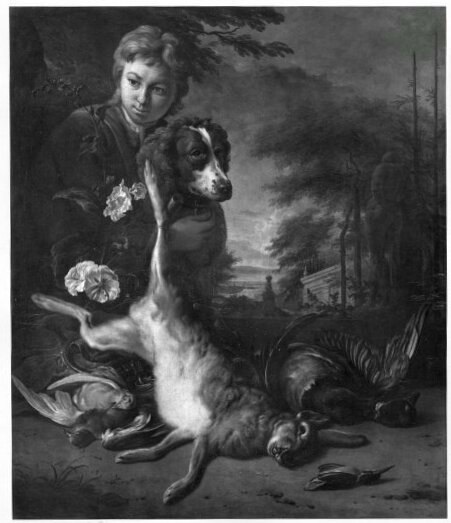 Jan Weenix, boy with dog, dead hare and birds in landscape