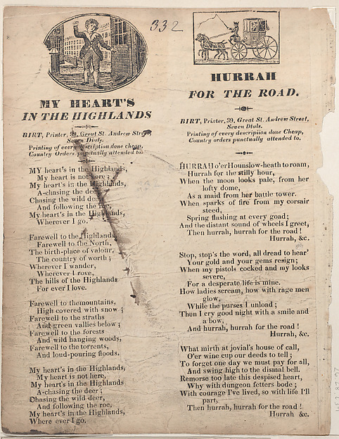 Anonymous, British, 19th century, My Heart's in the Highlands (recto); Hurrah for the Road (verso)