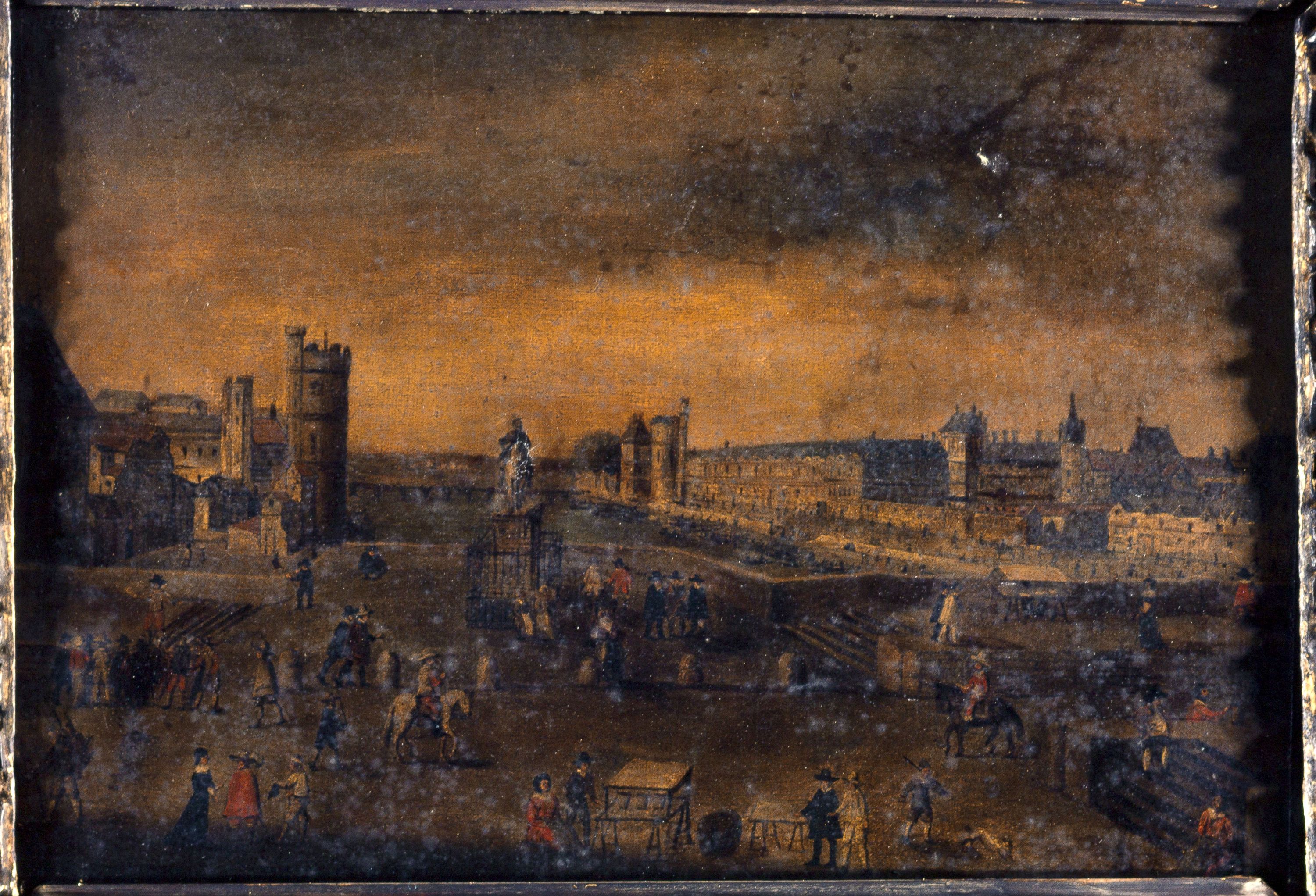 Anonyme, Le Pont-Neuf, vu de l'entrée de la place Dauphine, l'hôtel de Nevers, la tour de Nesle, la Grande Galerie, avec la porte Neuve, et le Louvre, vers 1640, actuels 1er et 6ème arrondissements.