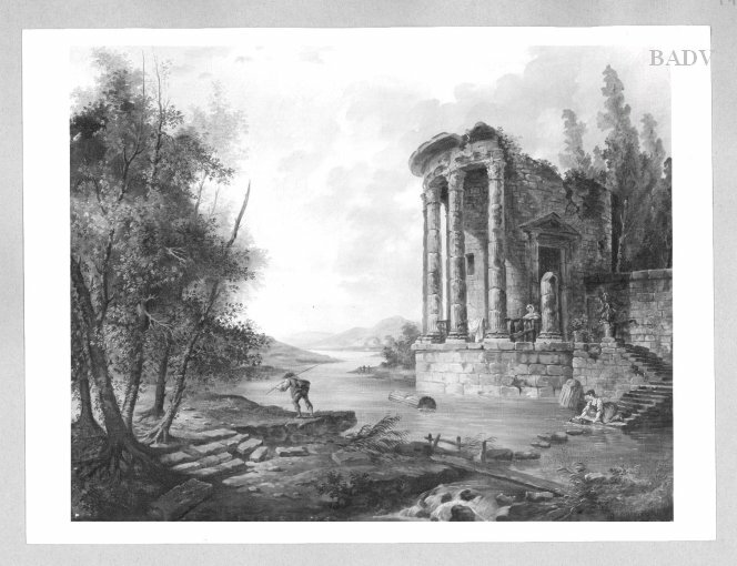 Hubert Robert, Landscape a river with the ruin of a temple