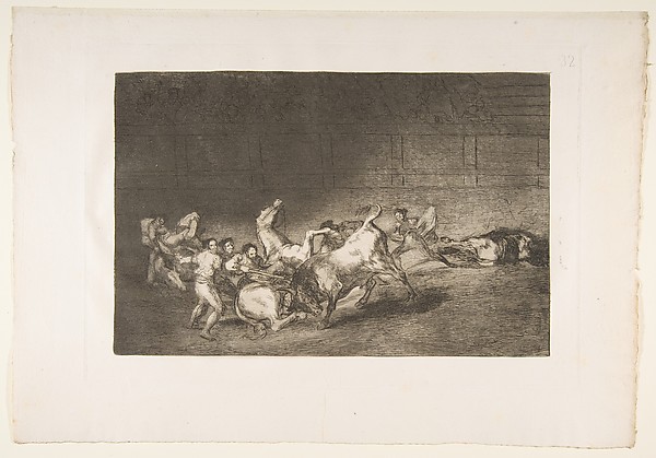 Goya (Francisco de Goya y Lucientes), Plate 32 from "La Tauromaquia": Two teams of picadors thrown one after the other by a single bull