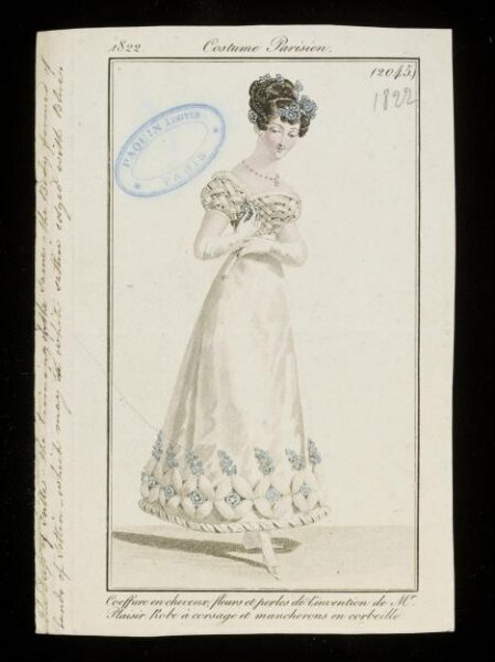 Unknown, Coeffure en cheveux fleurs et perles de l'invention de Mr. Plaisir. Robe à corsage et mancherons en corbeille.