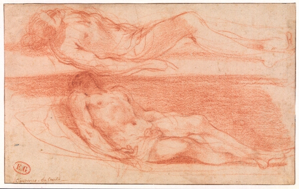 Guercino, To studier af en liggende, nøgen mandsfigur. Kristus