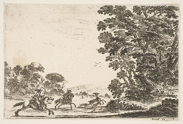 Stefano della Bella, A deer hunt, two horsemen galloping towards the left behind three dogs and a deer, a group of trees to right, plate 4 from "Various Figures" (Agréable diversité de figures)