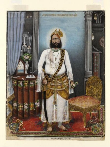 Unknown, Portrait of Thakur Raja Bakhtawar Singh, standing in a European-style interior.