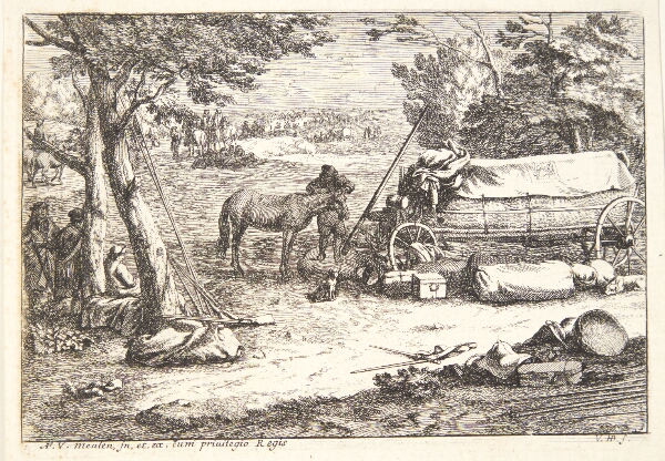 Jan van Huchtenburg, Hvilende soldater, en mand stående ved en hest og en fraspændt vogn