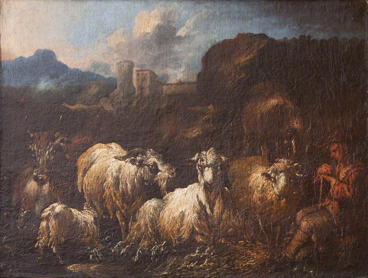 Philipp Peter Roos, A Shepherd Boy with Sheep, Goats and Cattle