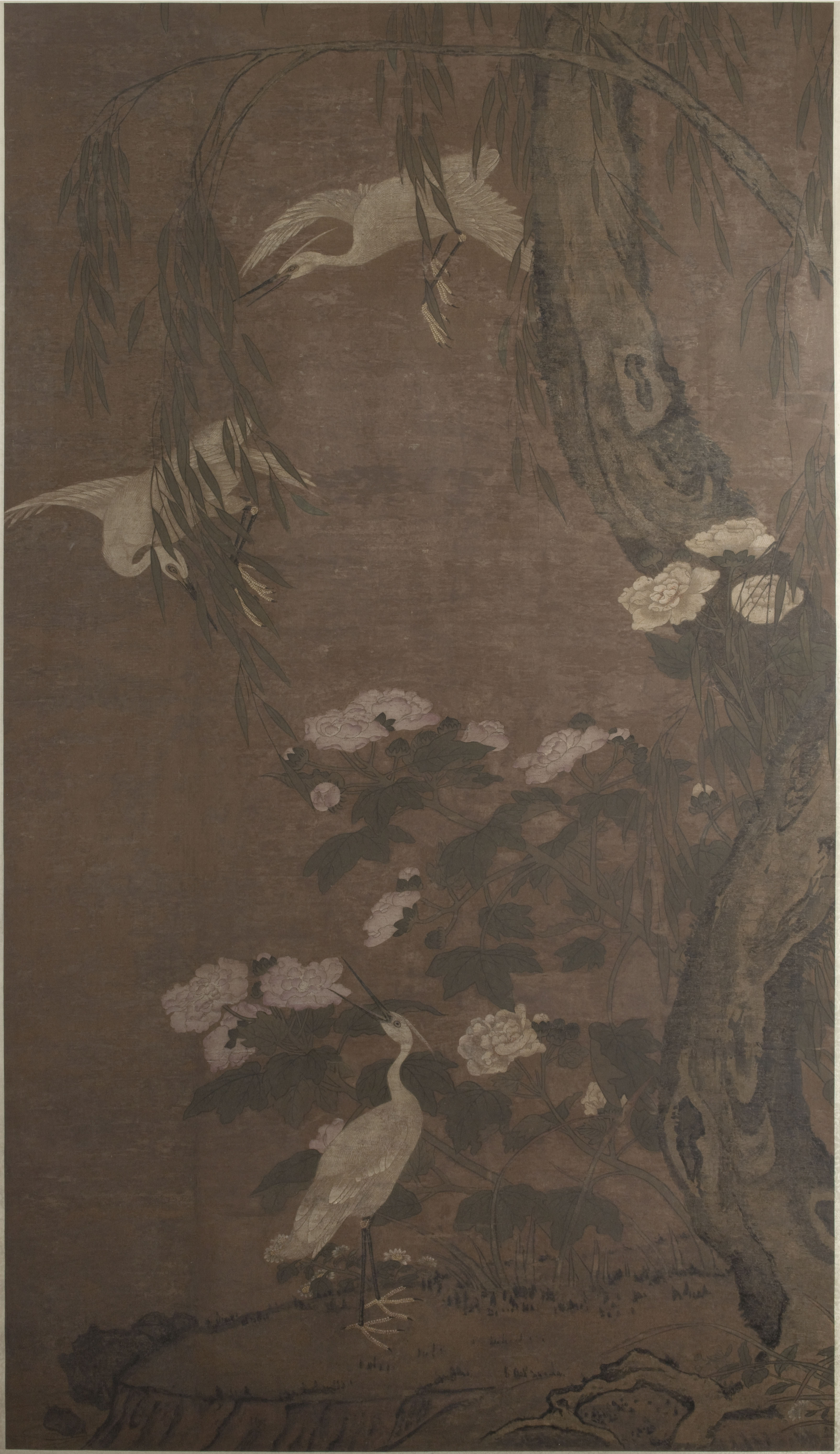 Anonyme, Aigrettes, saule et pivoines